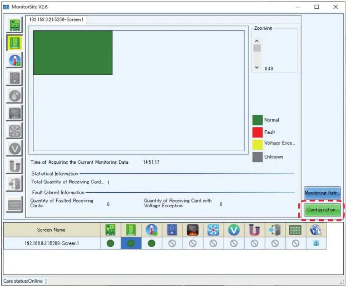 MonitorSite V2.6 192.168.0.21:5200-Screen1 Zooming 0.40 Normal Fault Voltage Exce_ Unknown Time of Acquiring the Current Monitoring Data 14:51:17 Statistical Information Total Quantity of Receiving Card_ 1 Fault (alarm) Information Quantity of Faulted Receiving Cards: 0 Quantity of Receiving Card wi…