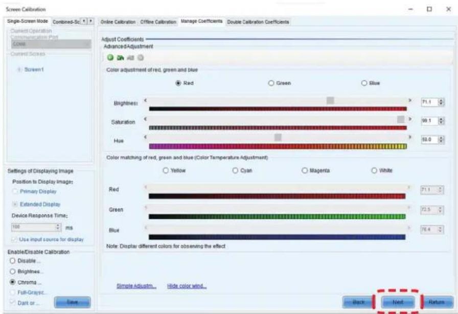 Screen Calibration Single-Screen Mode Combined-Sci Current Operation Continuous/Continuous Page Core Current Screen Screen1 Online Calibration Offline Calibration Manage Coefficients Double Calibration Coefficients Adjust Coefficients Advanced Adjustment Color adjustment of red, green and blue Red G…