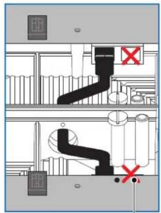 Technical diagram showing plumbing system with black pipes and red X marks indicating failure or rejection points