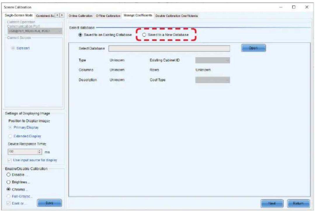 Screen Calibration Single-Screen Mode Colabined-Sc Current Operation Communication Post USB@Port_M0002.HUB_0001 Current Screen Screen1 Selected database Saved to an Existing Database Saved to a New Database Select Database Type Unknown Existing Cabinet ID Columns Unknown Rows Unknown Description Unk…