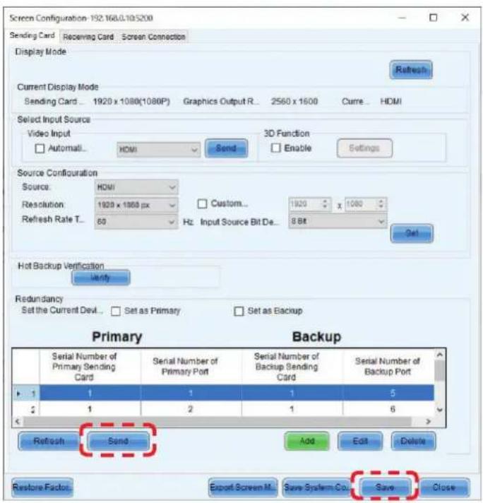 Screen Configuration: 192.168.0.105200 Sending Card Recerving Card Screen Connection Display Mode Refresh Current Display Mode Sending Card... 1920 x 1080(1080P) Graphics Output R... 2560 x 1600 Curre... HDMI Select Input Source Video Input Automati... HDMI Send 3D Function Enable Settings Source Co…