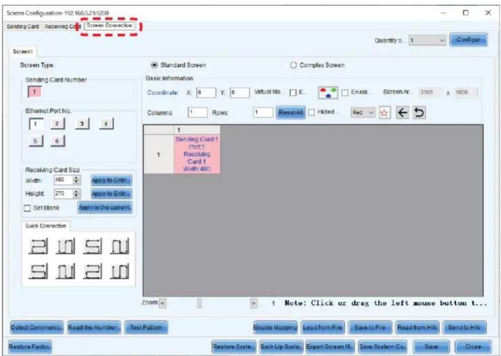 Screen Configuration-192.168.0.21b5200 Sending Card Receiving Card Screen Connection Quantity 0... 1 Configur Screen1 Screen Type: Sending Card Number 1 Ethernet Port No. 1 2 3 4 5 6 Receiving Card Size Width: 480 Apply to Enter Height: 270 Apply to Enter □ Set Blank Apply to the current. Quick Conn…