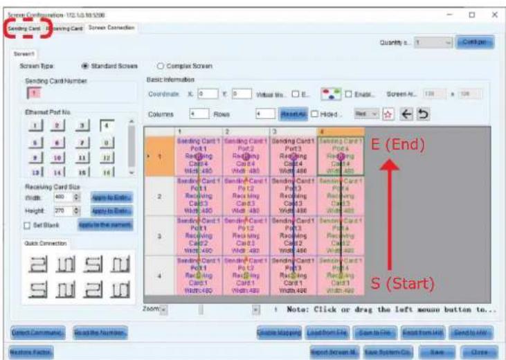 Screen Configuration 172.5.0.10/3:00 Sending Card - Receiving Card - Screen Connection Screen1 Screen Type Standard Screens Complet Screen Sending Card Number 1 Ethernet Port No. 1 2 3 4 6 7 8 9 10 11 12 13 14 15 16 Receiving Card Size Width: 400 Apply to Entry Height: 270 Apply to Entry Set Blank A…