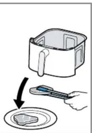 Illustration showing a cooking step: adding a knife to a piece of meat on a plate (no text or symbols)