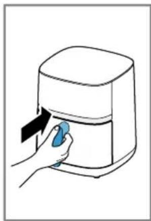 Line drawing of a hand pressing down on a device with a blue scroll wheel (no text or symbols)