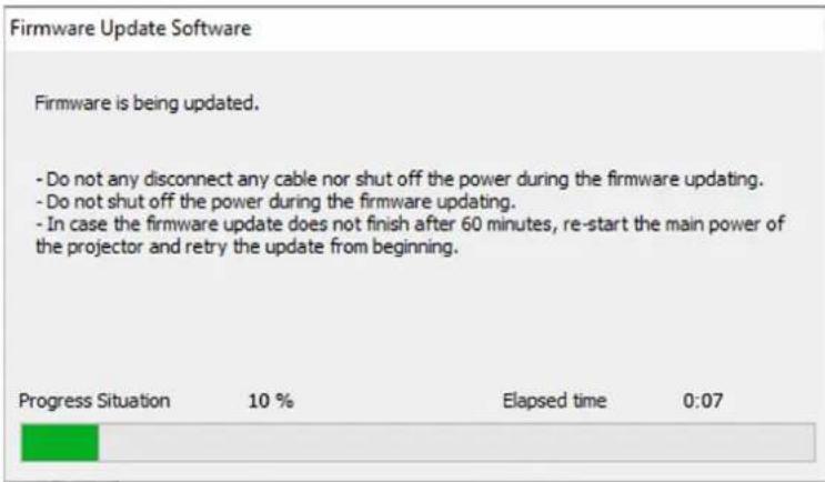 Firmware Update Software Firmware is being updated. - Do not any disconnect any cable nor shut off the power during the firmware updating. - Do not shut off the power during the firmware updating. - In case the firmware update does not finish after 60 minutes, re-start the main power of the projecto…