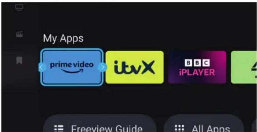 My Apps prime video itvX BBC iPLAYER Freeview Guide All Apps