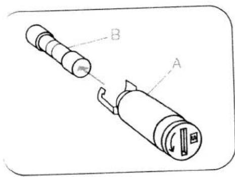 Technical diagram of a mechanical component with labeled parts A and B