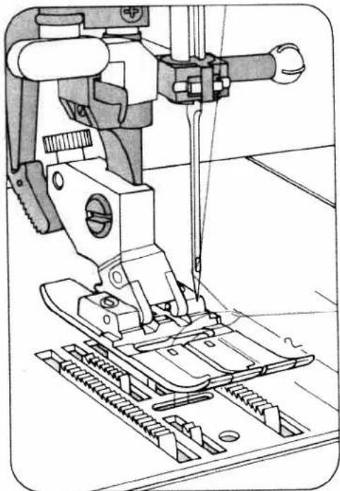 Technical line drawing of a sewing machine needle stitching a metal sheet (no text or symbols)
