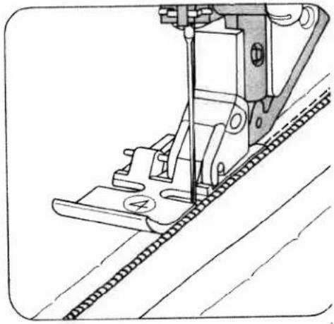 Technical line drawing of a sewing machine needle stitching a patterned fabric (no text or symbols)