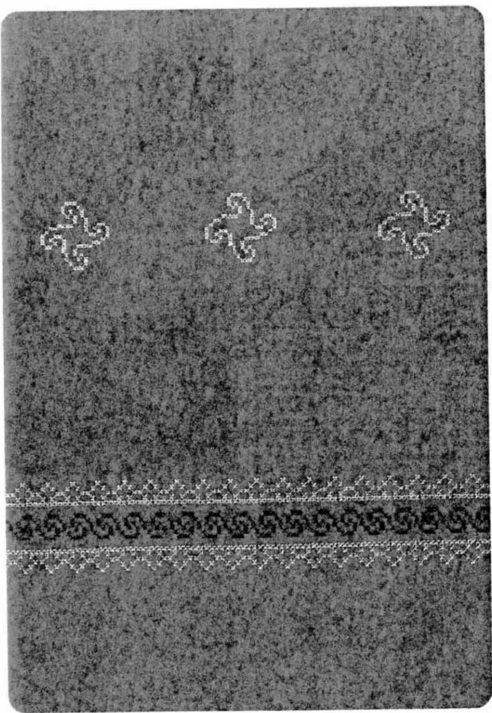 Black-and-white textured surface with three white geometric patterns and a horizontal dotted line at the bottom (no text or symbols)