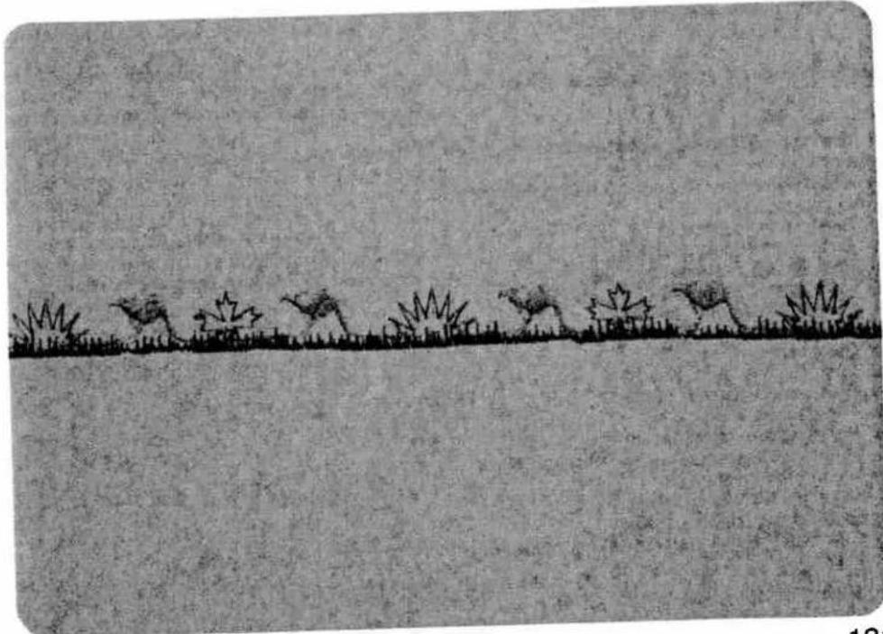 Black-and-white sketch of a line with a series of small animals walking along the ground, no text or symbols present.