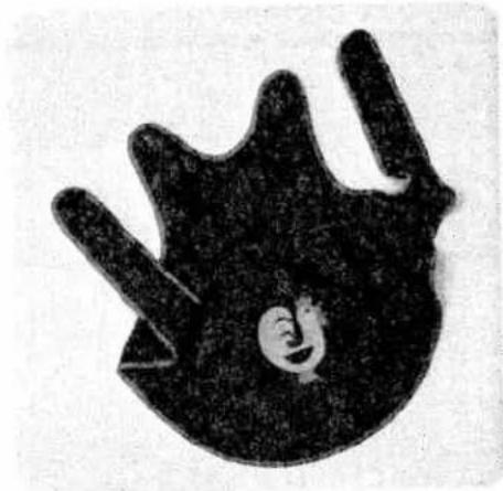 Black-and-white illustration of a hand with a smiling face on the palm (no text or symbols)