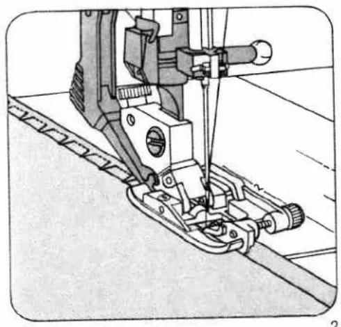 Technical line drawing of a sewing machine needle stitching fabric (no text or symbols)