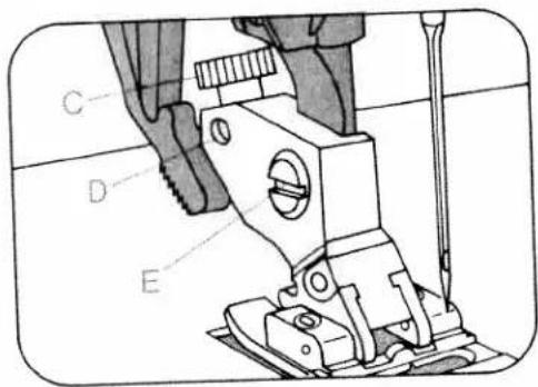 Technical diagram of a sewing machine with labeled parts C, D, and E