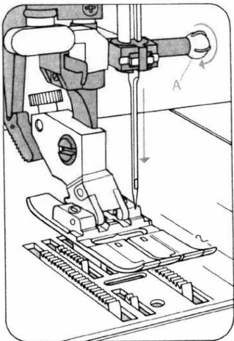 Technical line drawing of a sewing machine needle stitching a metal sheet (no text or symbols)