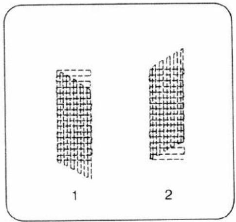 Two abstract geometric patterns labeled 1 and 2, with no text or symbols within the shapes.