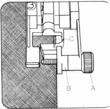 Technical diagram of a mechanical assembly with labeled parts A, B, and C