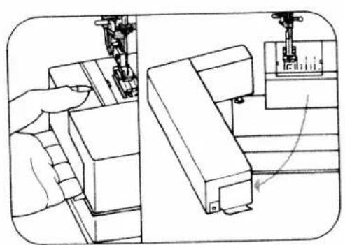 Technical line drawing of a sewing machine needle stitching a block (no text or symbols)