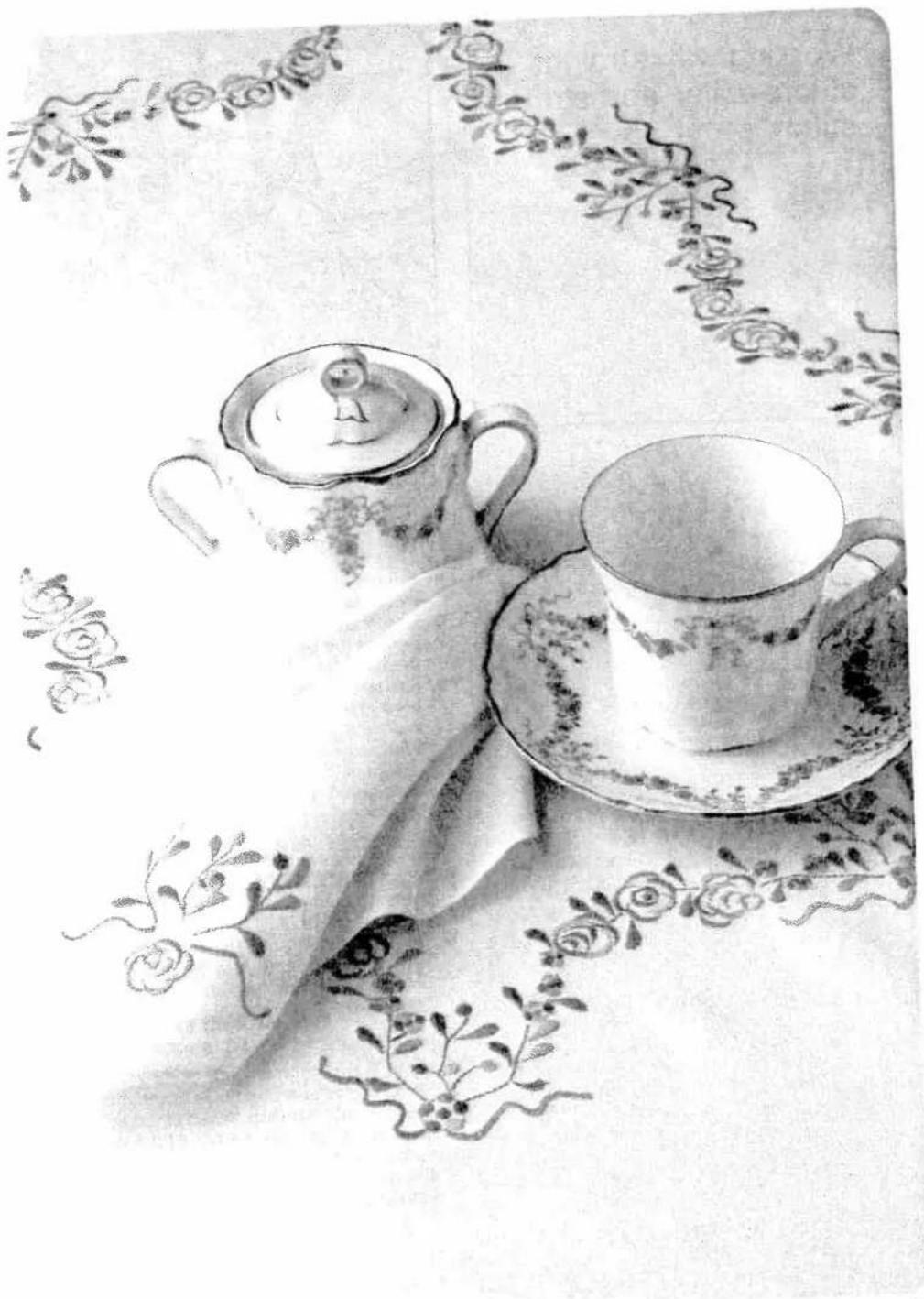 Black-and-white illustration of a floral arrangement with a teapot, saucer, and floral patterns on a table (no text or symbols)