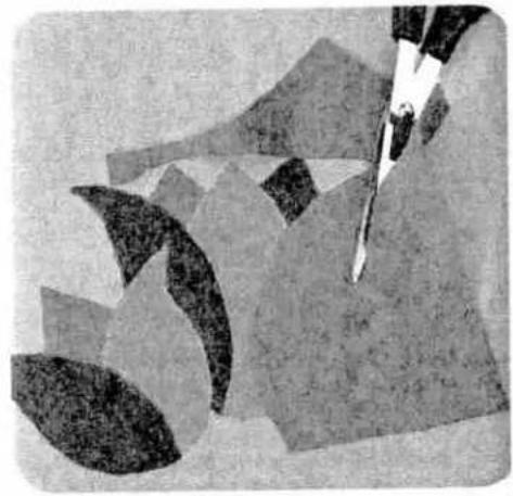Abstract illustration of scissors cutting paper sheets (no text or symbols)