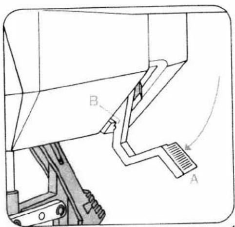 Technical diagram of a mechanical assembly with labeled parts A and B, showing structural components and motion indicators.