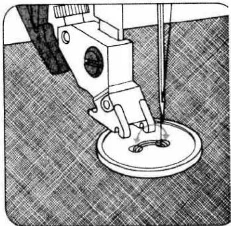 Mechanical sewing machine needle stitching a circular base on a textured floor (no text or symbols visible)
