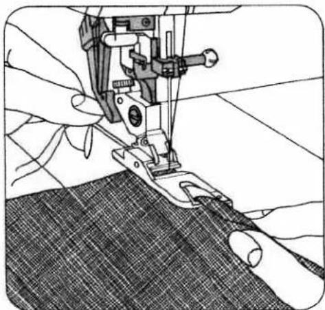 Illustration of hands operating a sewing machine on a fabric or textile surface (no text or symbols visible)