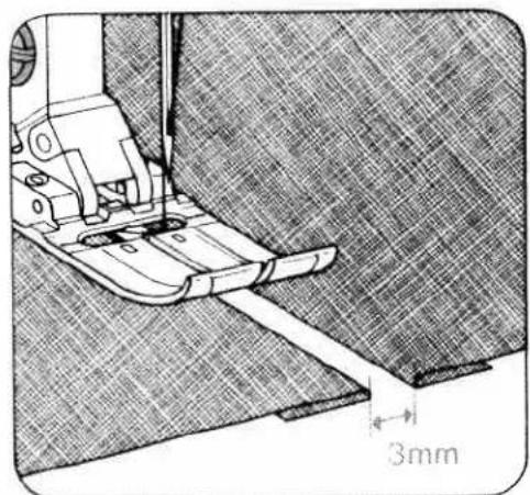Technical illustration of a sewing machine needle stitching fabric, showing measurement annotation (3mm) with no readable text or symbols beyond the dimension line.