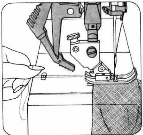 Illustration of a sewing machine needle stitching fabric, with hands operating the process (no text or symbols visible)