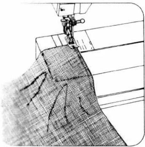 Line drawing of a sewing machine stitching fabric (no text or symbols)