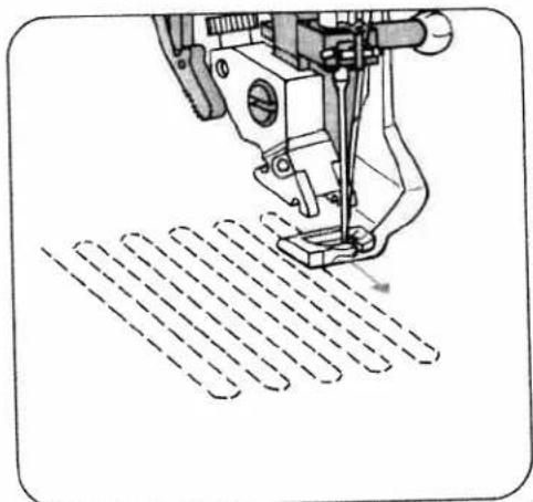 Technical line drawing of a sewing machine needle stitching a patterned fabric (no text or symbols)