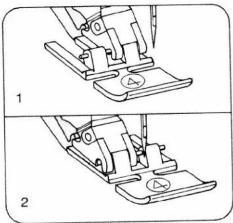 Technical line drawing of a sewing machine component, showing two steps with no text or symbols