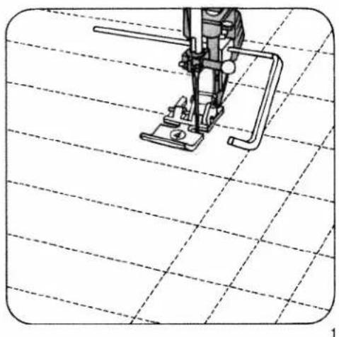 Line drawing of a sewing machine on a grid background (no text or symbols)