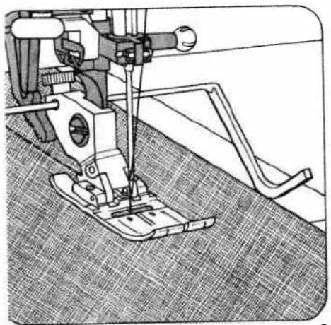 Technical line drawing of a sewing machine needle stitching fabric (no text or symbols)