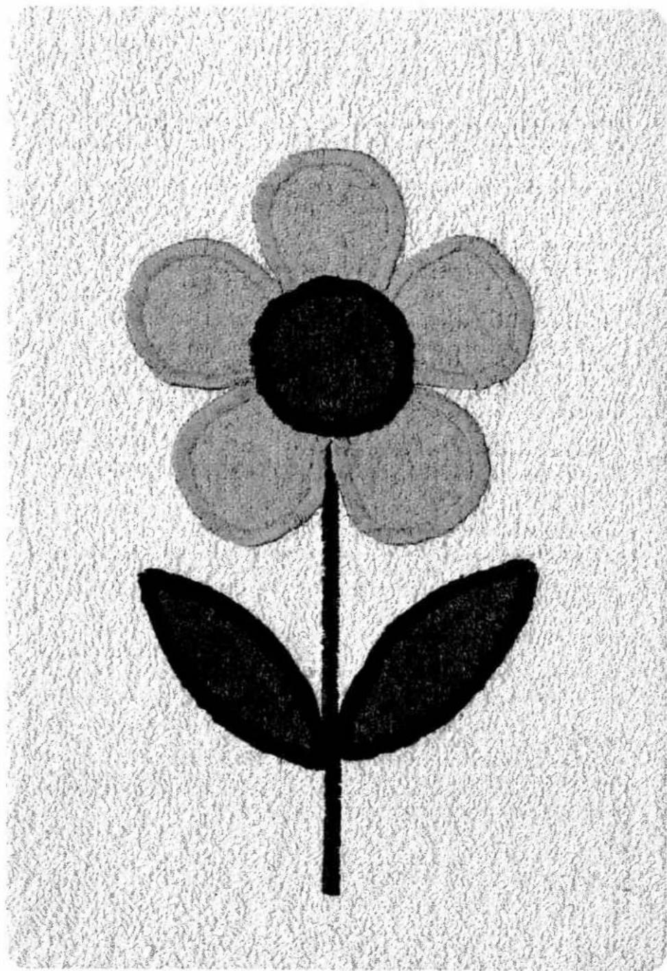 Black-and-white sketch of a stylized flower with five petals and two leaves, on textured background (no text or symbols)