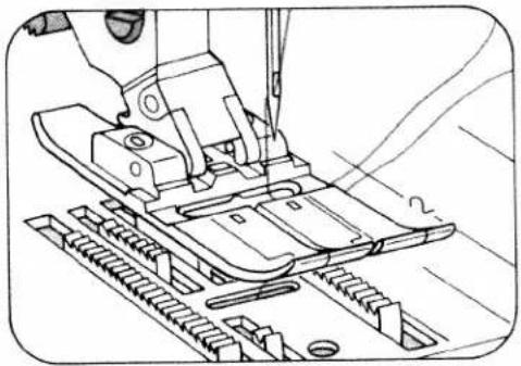 Technical line drawing of a sewing machine needle stitching a mechanical component (no text or symbols)