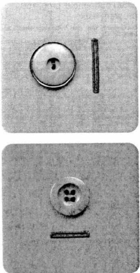 Two grayscale images showing a circular button with a hole and a vertical rod, both placed on a textured surface (no text or symbols)