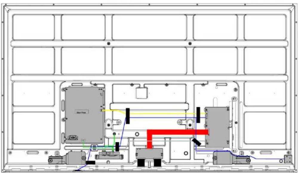 Technical line drawing of an electronic device chassis with internal components and wiring (no text or symbols)