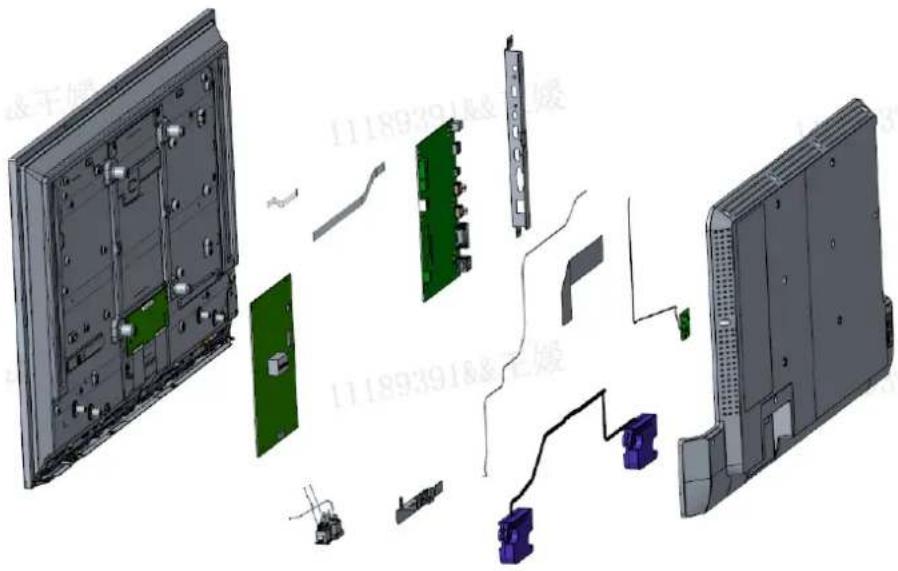 Exploded view diagram of an electronic device showing internal components and connections (no text or labels)