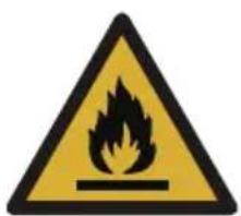 Warning sign depicting a flame symbol with hazard symbol, commonly used in safety or hazard prevention.