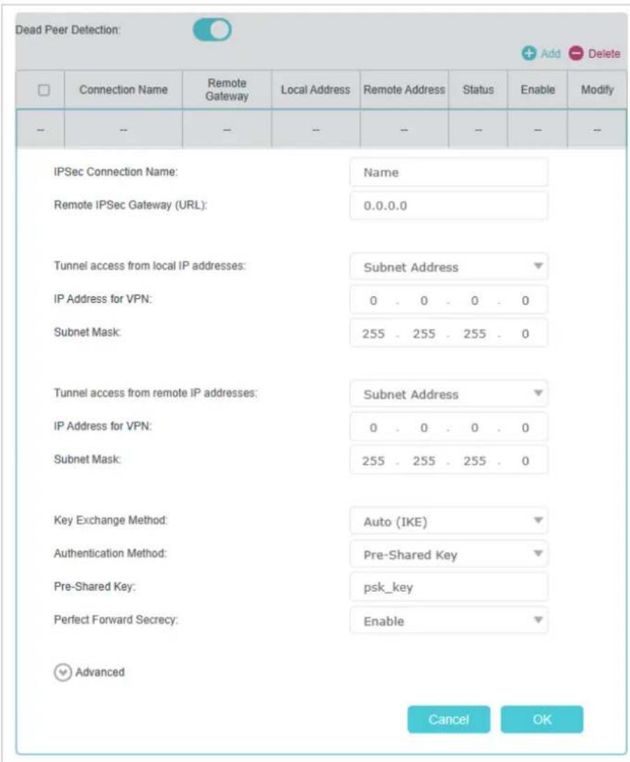 Dead Peer Detection: Connection Name Remote Gateway Local Address Remote Address Status Enable Modify IPSec Connection Name: Name Remote IPSec Gateway (URL): 0.0.0.0 Tunnel access from local IP addresses: Subnet Address IP Address for VPN: 0 . 0 . 0 . 0 Subnet Mask: 255 . 255 . 255 . 0 Tunnel access…