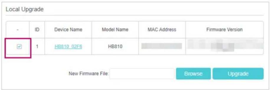 Local Upgrade - ID Device Name Model Name MAC Address Firmware Version ✓ 1 HB810_02F6 HB810 New Firmware File: Browse Upgrade