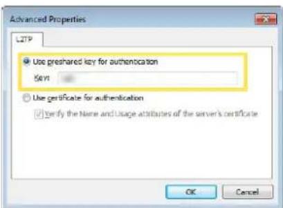 Advanced Properties L2TP Use presheds key for authentication Savi Use certificate for authentication ✓ Verify the Name and Usage attributes of the server's certificate OK Cancel