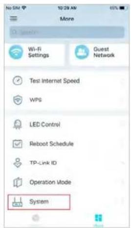 No SIM 10:29 AM 65% More Di Sponcn Wi-Fi Settings Guest Network Test Internet Speed WPS LED Control Reboot Schedule TP-Link ID Operation Mode System