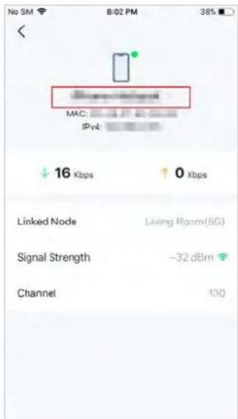 No SM 8:02 PM 38% < MAC: IPy4: ↓ 16 Kbps ↑ 0 Kbps Linked Node Living Room(5G) Signal Strength -32 dBm Channel 100