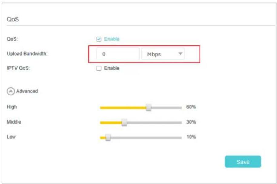 QoS QoS: Enable Upload Bandwidth: 0 Mbps IPTV QoS: Enable Advanced High 60% Middle 30% Low 10% Save