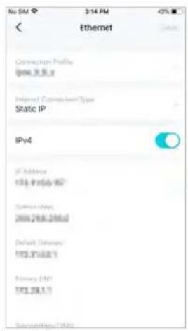 No SIM 3/14 PM 4% Ethernet Connection Profile @06.3.8.2 Internet Connection Type Static IP IPv4 IP Address 173.9156-82 Server Map: 2006.2006.2006.0 Default Gateway 173.3168.7 Privacy URL: 173.38.1.1 Sustainable Digital