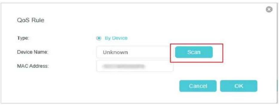 QoS Rule Type: By Device Device Name: Unknown Scan MAC Address: Cancel OK