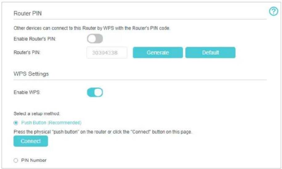 Router PIN Other devices can connect to this Router by WPS with the Router's PIN code. Enable Router's PIN: Router's PIN: 30304338 Generale Default WPS Settings Enable WPS: Select a setup method. ● Push Button (Recommended) Press the physical "push button" on the router or click the "Connect" button…